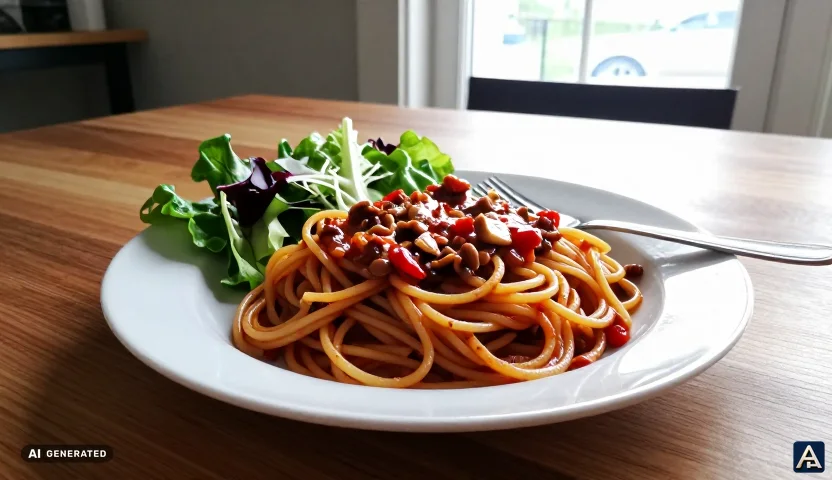 A normal home portion of pasta with a small salad on the side