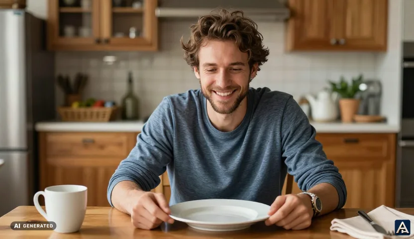 Person relaxed and satisfied after a good and smart meal at home