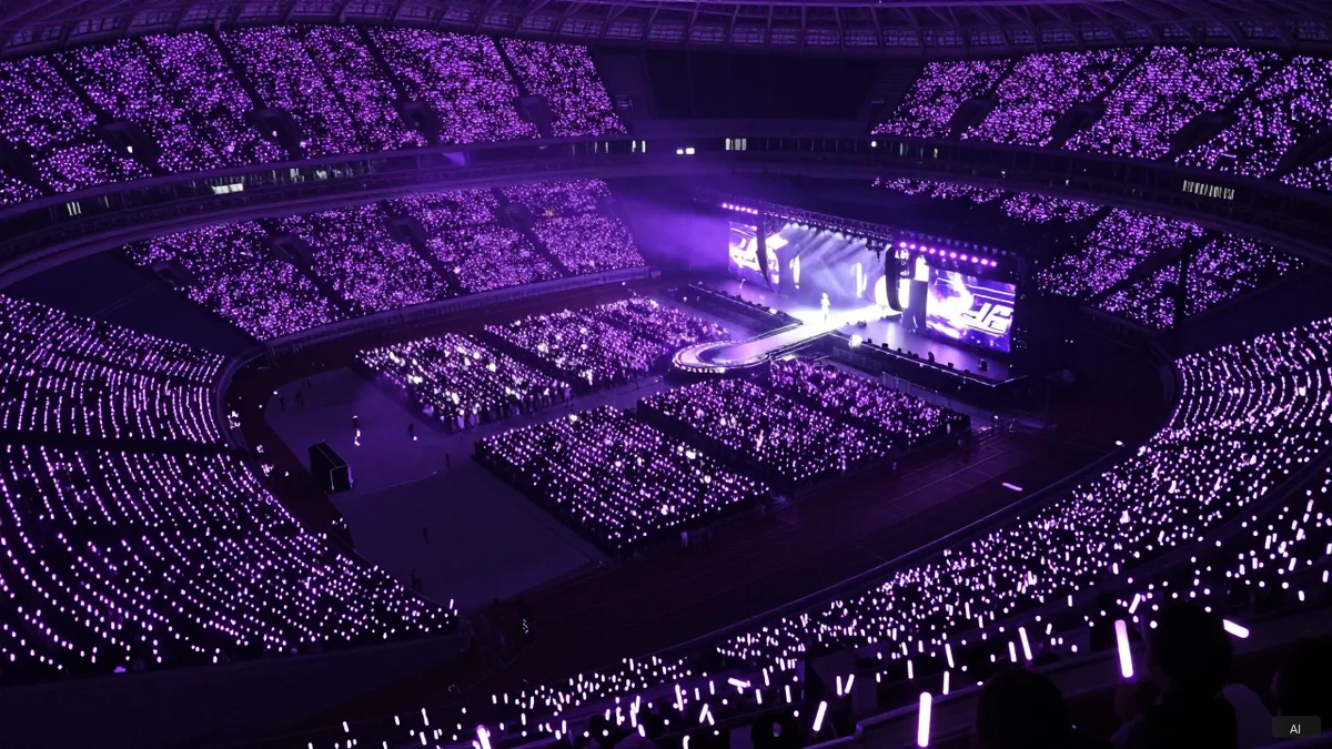 BTS ARMY fans filling a massive stadium with purple lightsticks at a concert