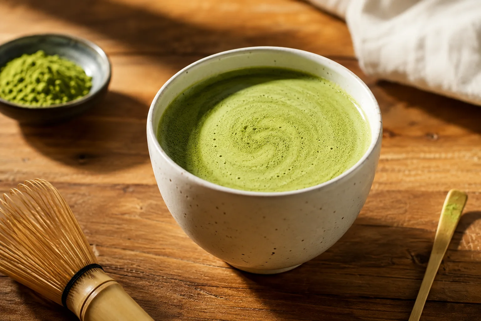 Matcha tea on a wooden board