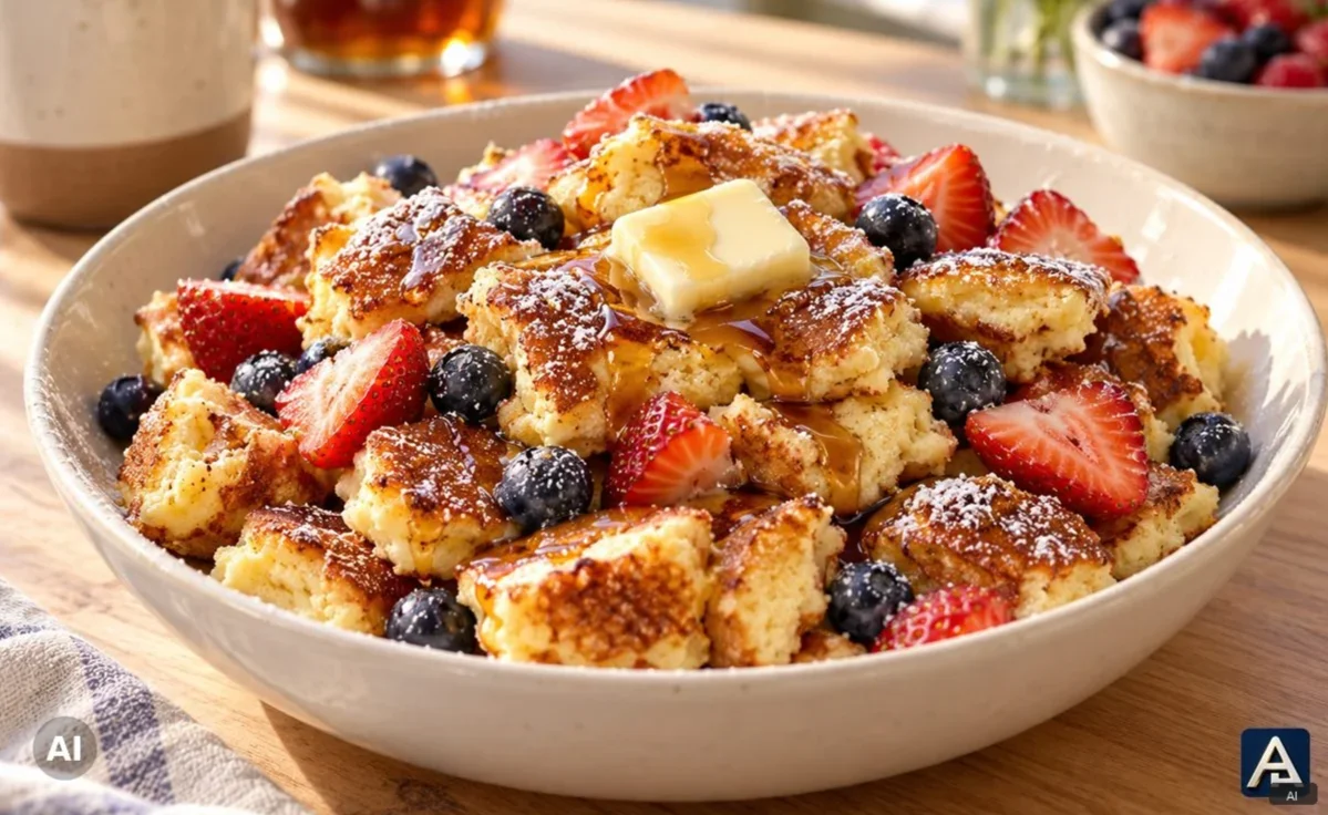 Scrambled pancakes with strawberries, blueberries, butter, powdered sugar, and maple syrup