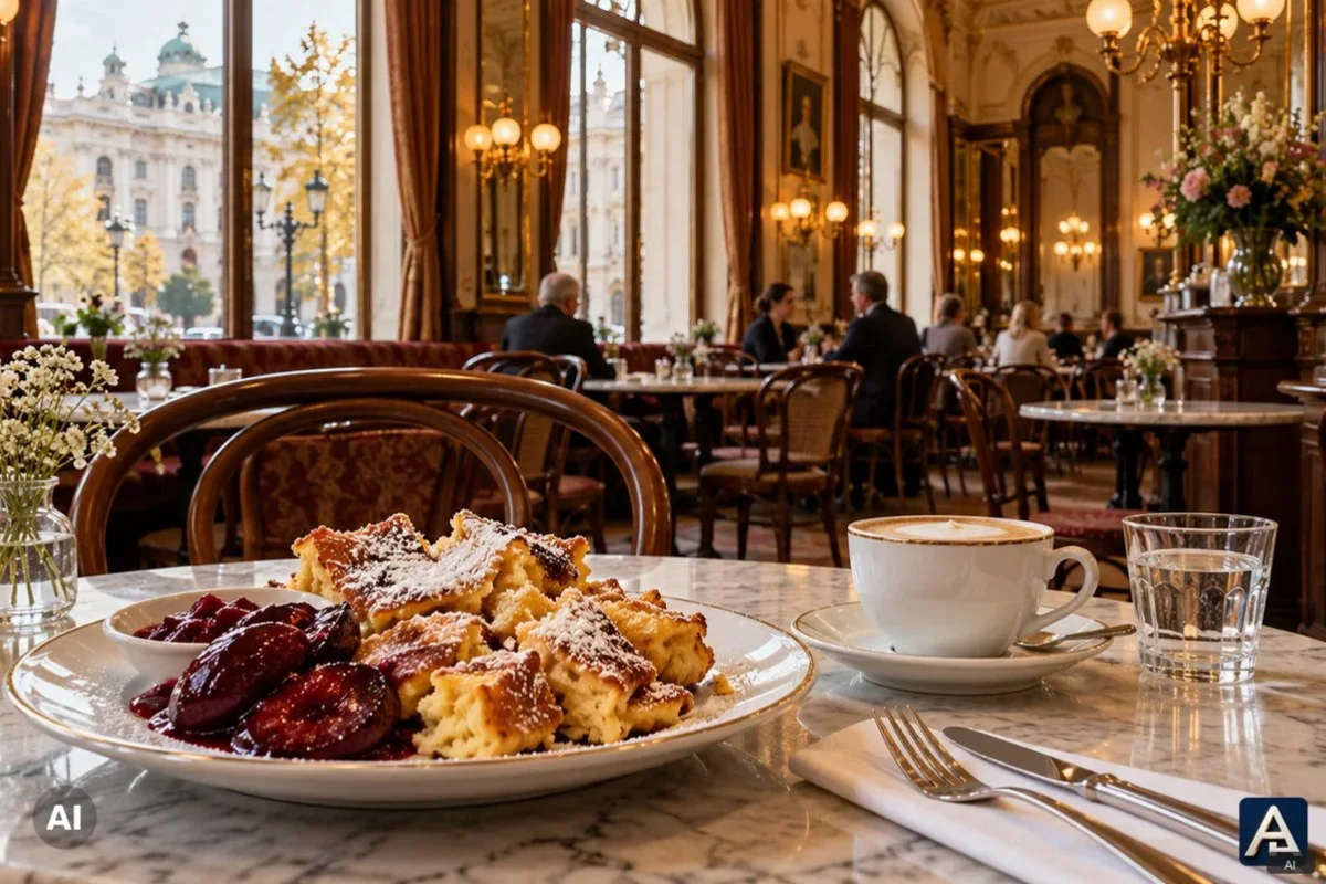 Traditional Kaiserschmarrn with plum compote and coffee on a marble table in a Viennese coffeehouse