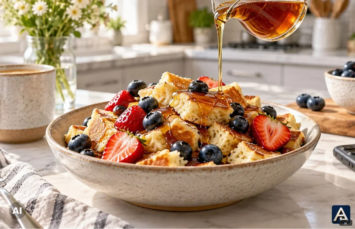 American scrambled pancakes with berries and maple syrup in a bright modern kitchen