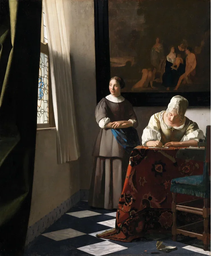 Woman Writing a Letter with Her Maid Johannes Vermeer circa 1670