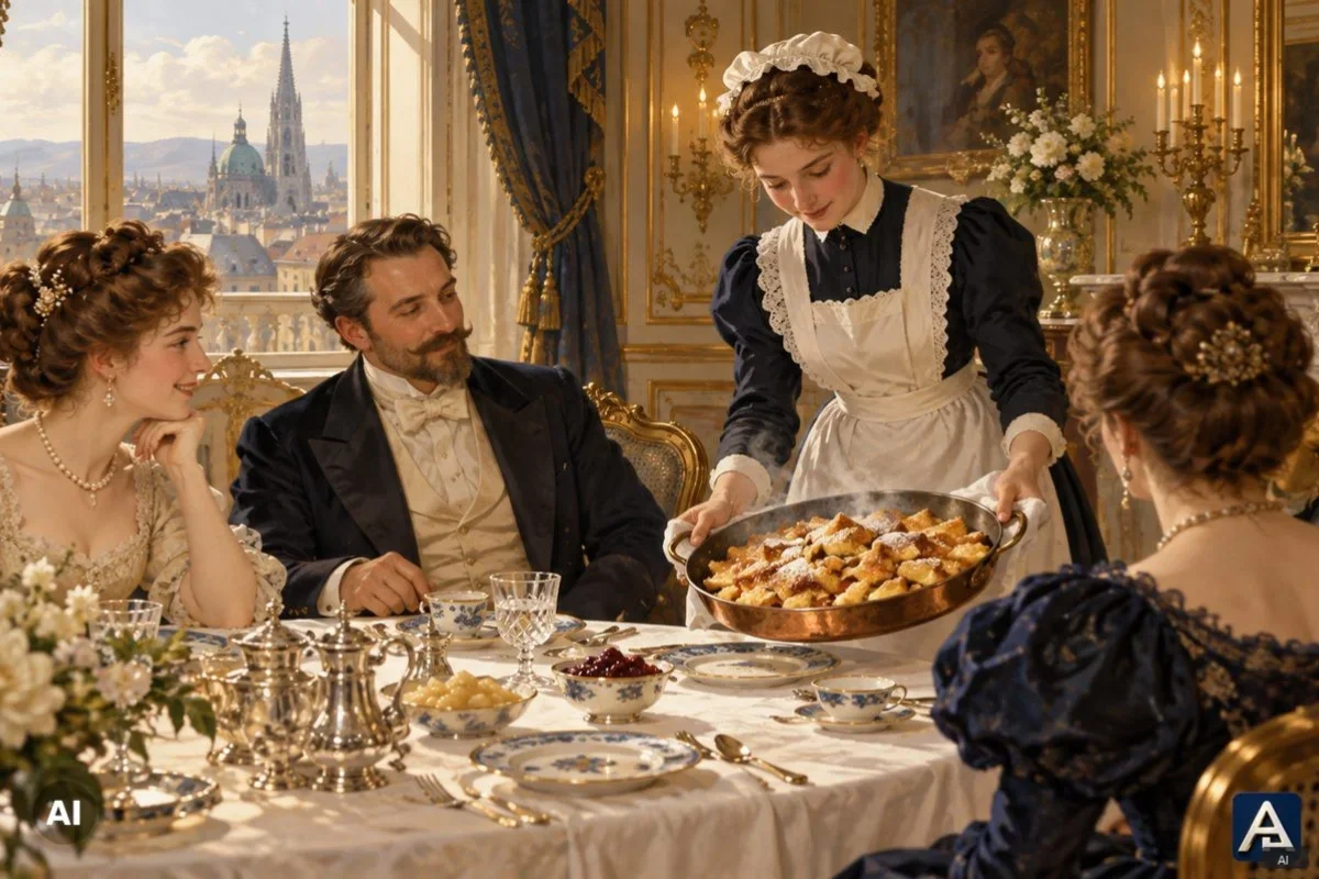 Historically inspired illustration of Kaiserschmarrn in an elegant nineteenth century Viennese dining room