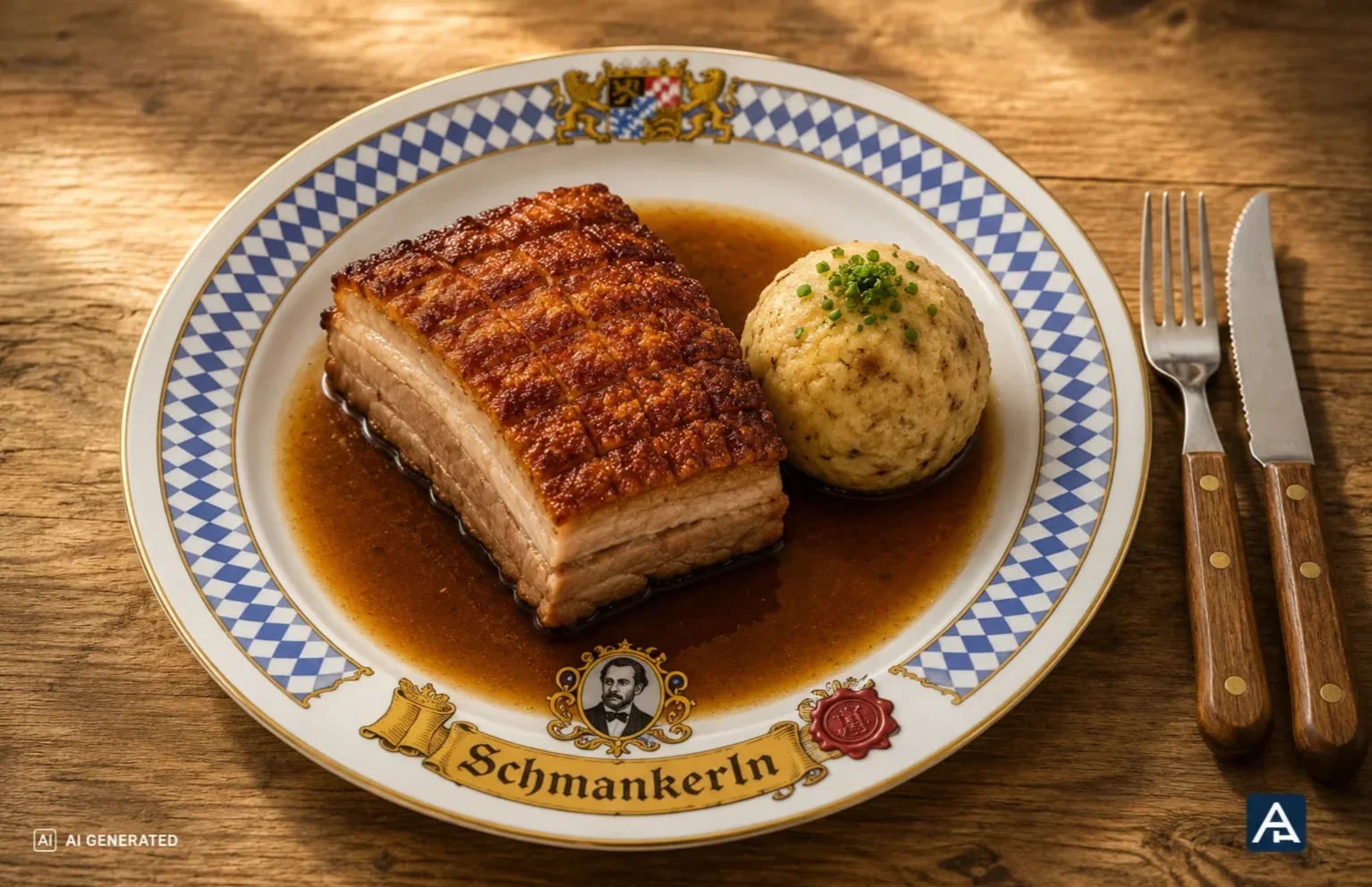 Bavarian Schweinsbraten with Knoedel on a restaurant table