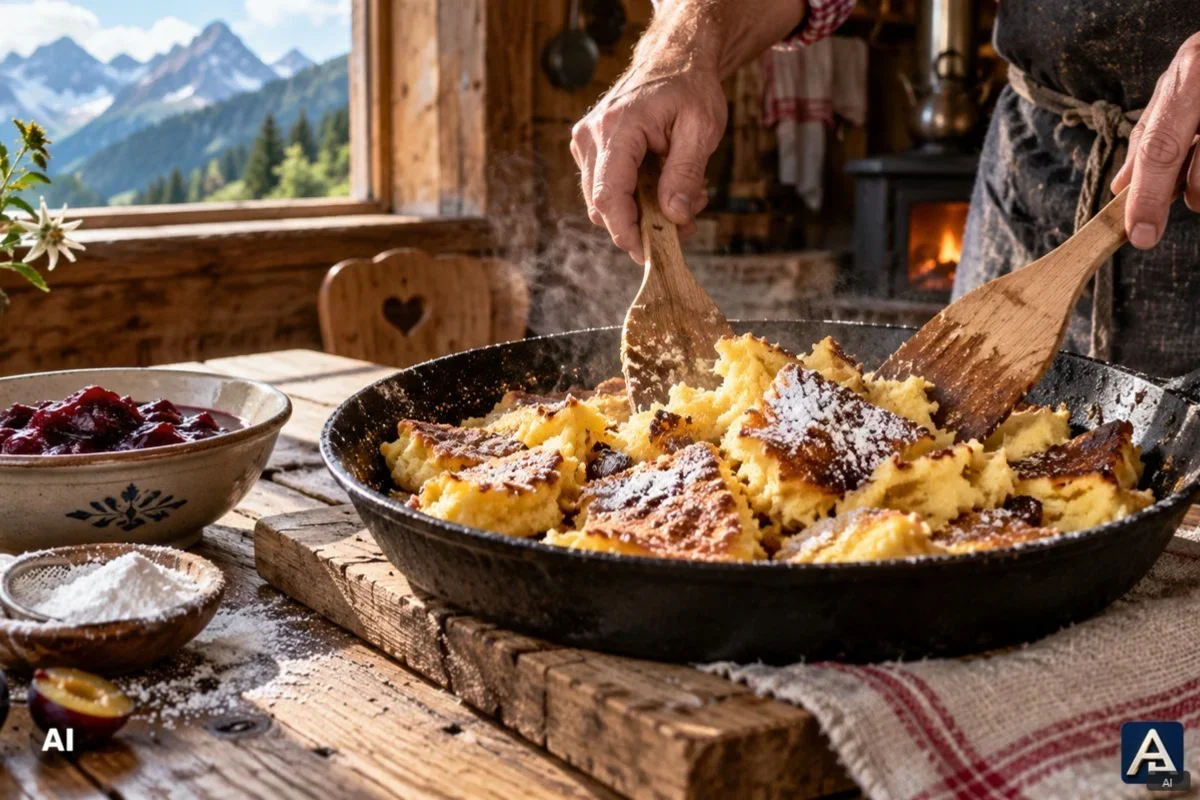 Cook tearing golden Kaiserschmarrn in a cast iron skillet inside an Austrian alpine hut