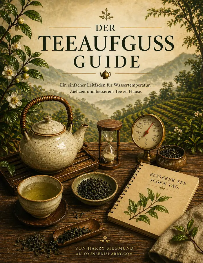 Cover des Teeaufguss Guides mit Teekanne, Tasse, Thermometer, Sanduhr und Teeblättern vor einer ruhigen Teelandschaft