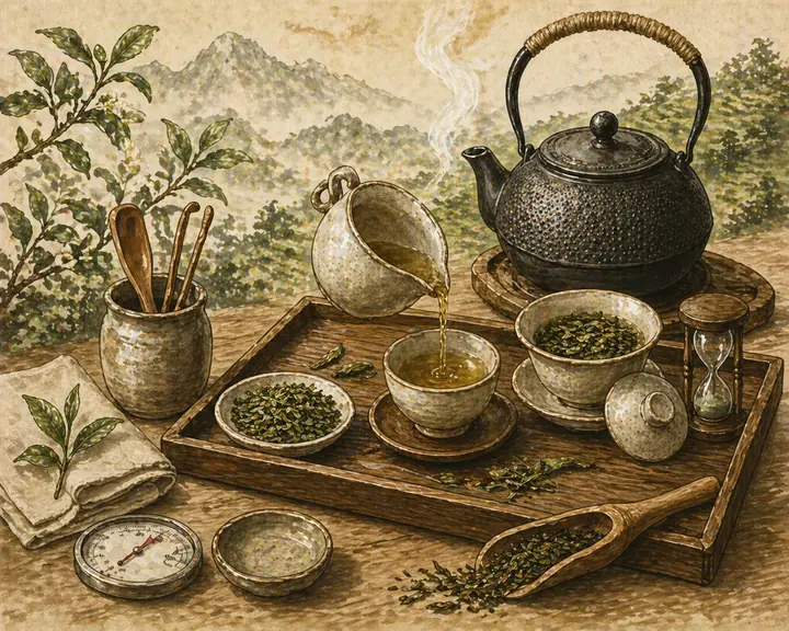 Illustrated tea brewing scene with kettle, cup, thermometer, timer and loose tea in a calm editorial style