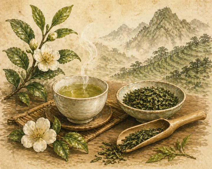 Illustrated green tea setting with tea leaves, porcelain cup and botanical details in muted colors