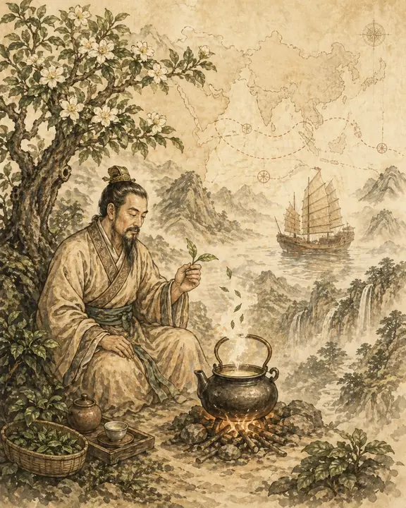 Illustrated historical tea scene with old trade map, ship, teaplant and warm parchment tones