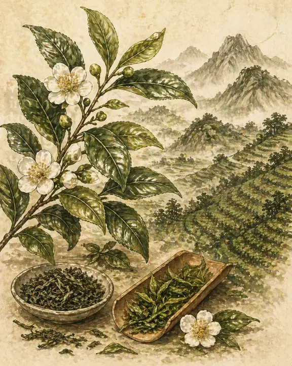 Illustrated Camellia sinensis branch with leaves, blossoms, loose tea and soft mountain background