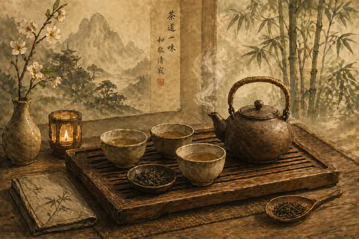 Illustrated tea ceremony scene with teapot, cups, steam and calm ritual atmosphere