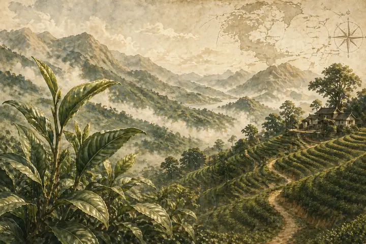 Illustrated tea plant, mountain terroir and tea fields showing how origin shapes the cup